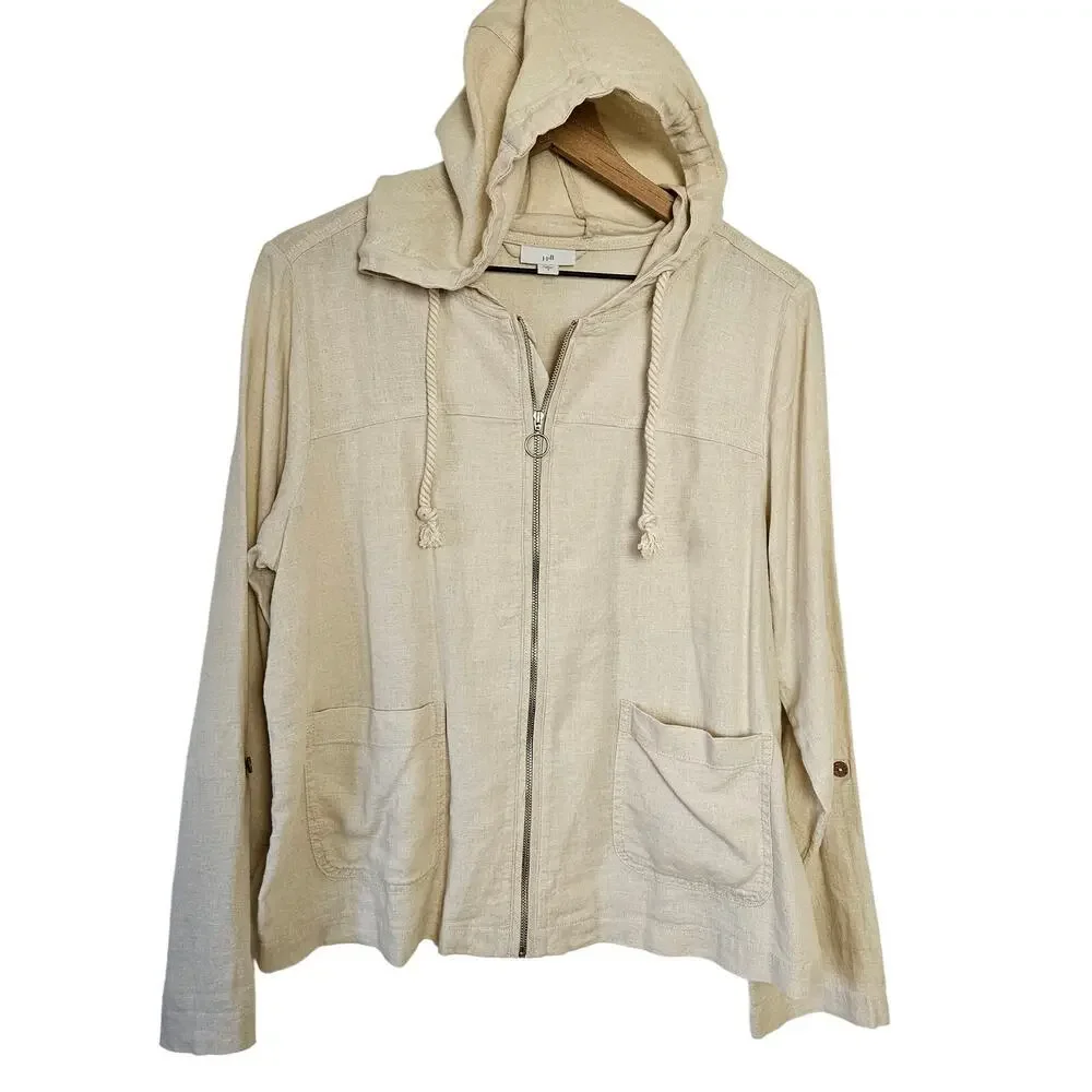 J.Jill Linen Zip Hooded Tab‎ Sleeve Jacket S Flax Ivory Spring Coat Fisherman